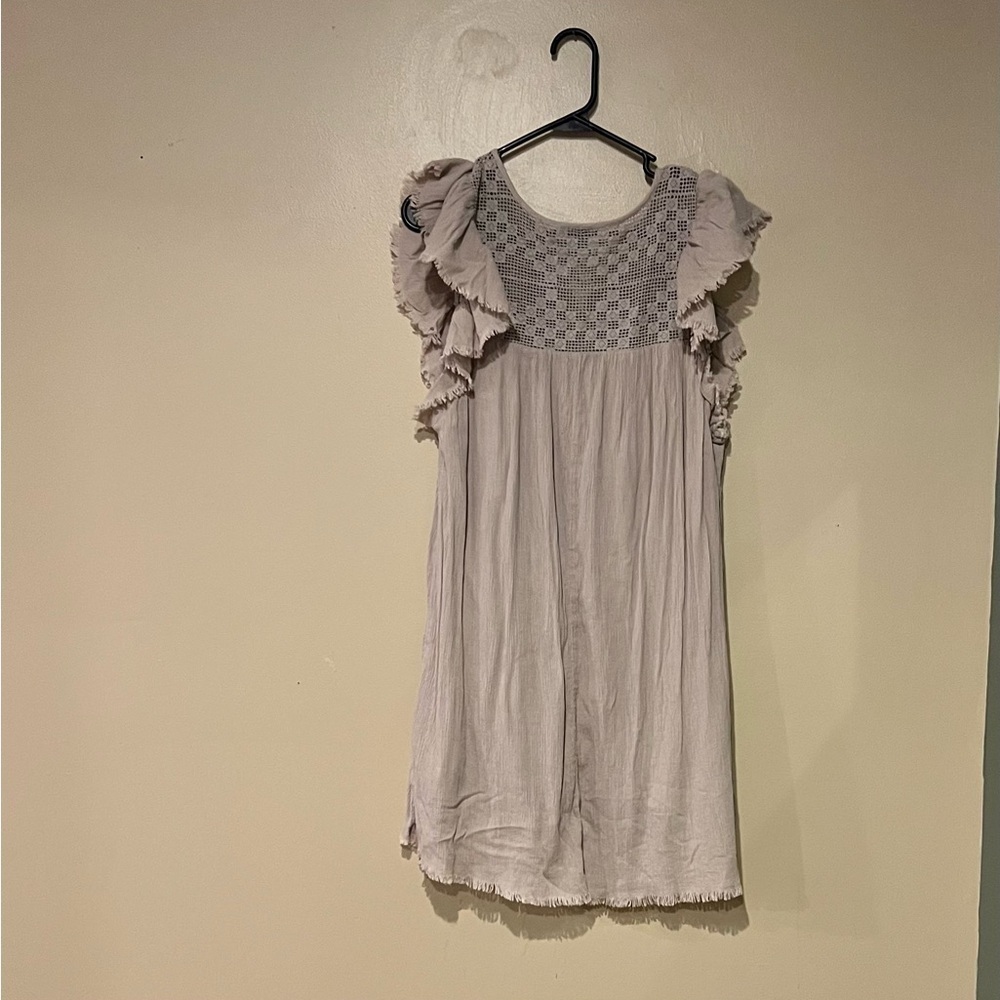 Aerie Beige gauze dress M crochet neck Tie front shift cruise vacation festival - Picture 3 of 7